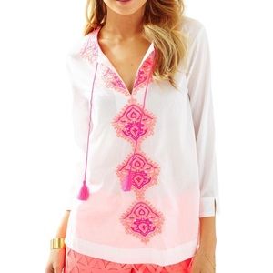 🌸Lilly Pulitzer Amelia Island Tunic white, size L, pink embroidery and tassels